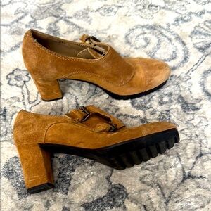 Anyi Lu Tan Suede Heels with two buckle Design